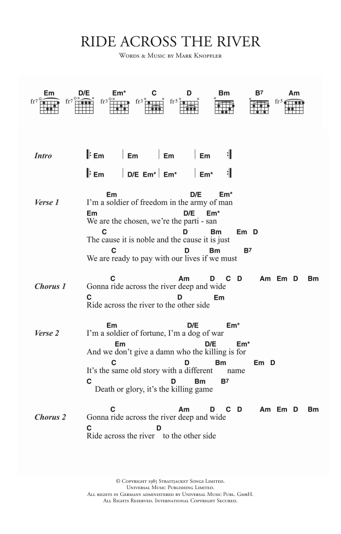 Dire Straits Ride Across The River sheet music notes and chords arranged for Guitar Chords/Lyrics