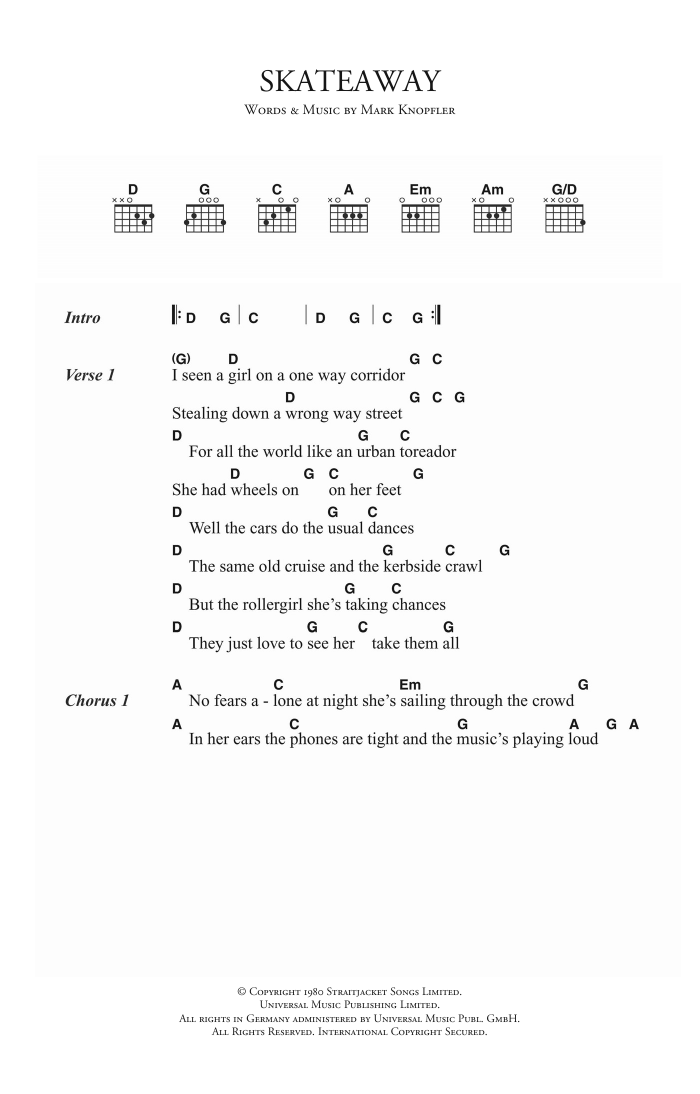 Dire Straits Skateaway sheet music notes and chords. Download Printable PDF.