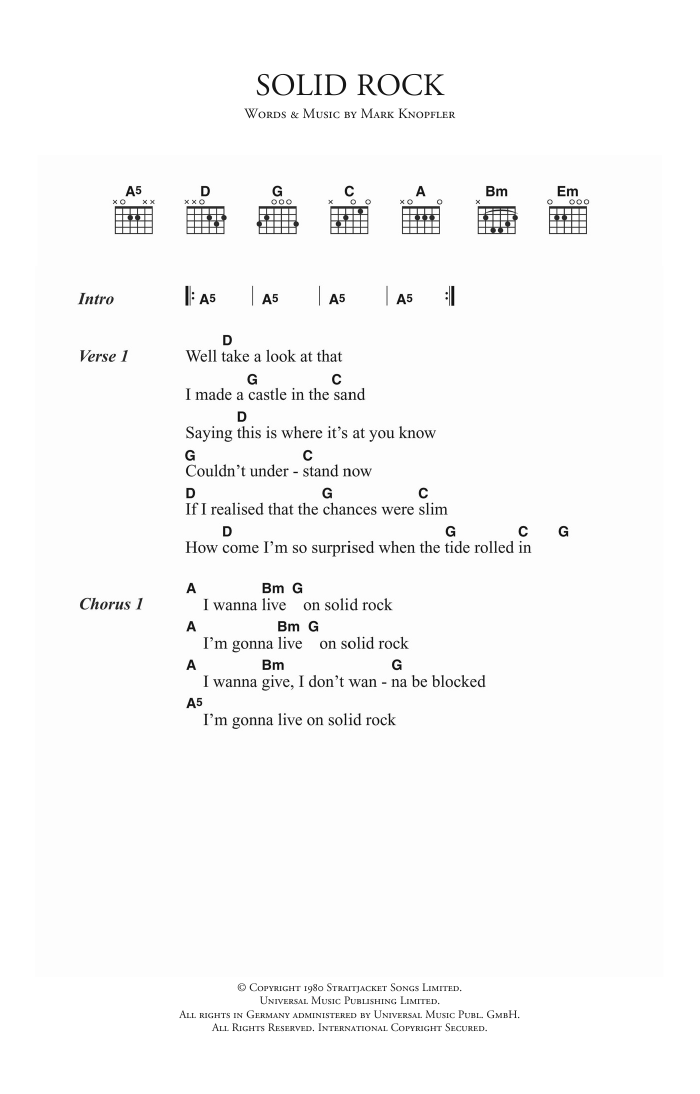 Learn to play Dire Straits Solid Rock sheet music for Guitar Chords/Lyrics in minutes. Price: 4.4900$ Dire Straits Solid Rock sheet music notes and chords arranged for Guitar Chords/Lyrics