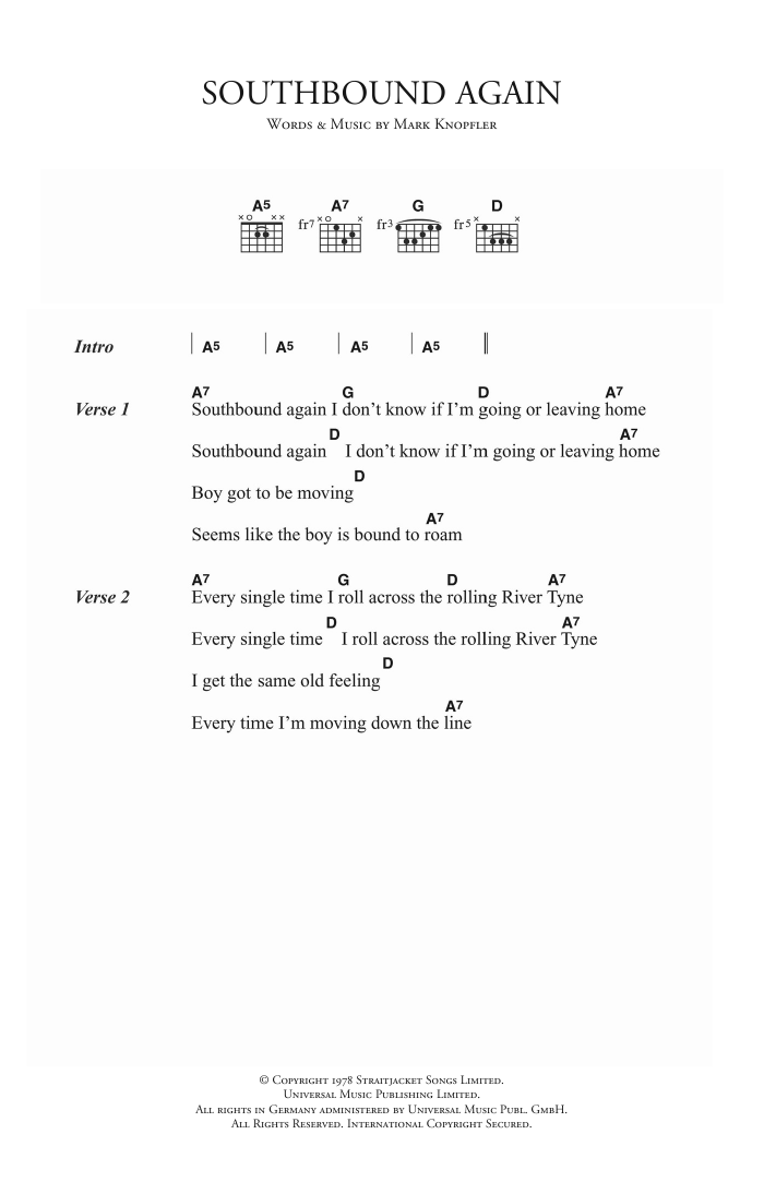 Dire Straits Southbound Again sheet music notes and chords arranged for Guitar Chords/Lyrics