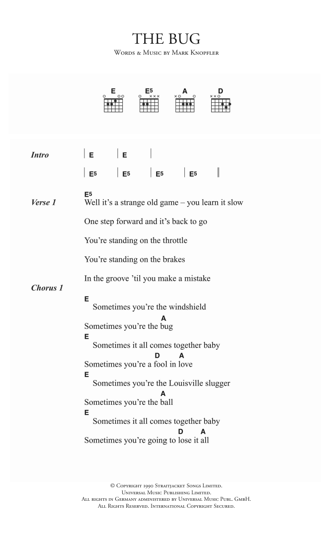 Learn to play Dire Straits The Bug sheet music for Guitar Chords/Lyrics in minutes. Price: 4.4900$ Dire Straits The Bug sheet music notes and chords arranged for Guitar Chords/Lyrics
