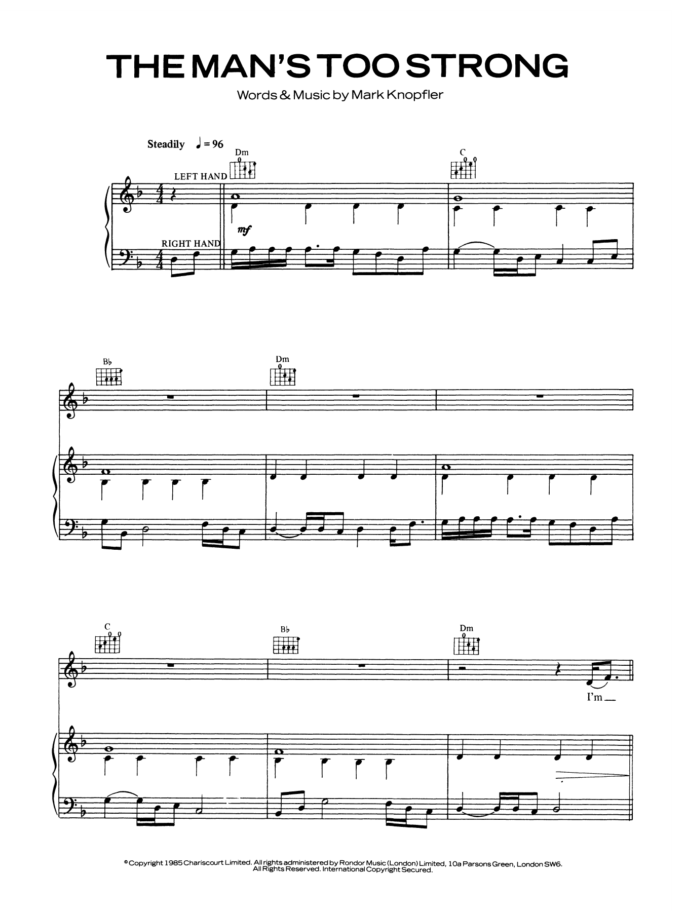 Dire Straits The Man's Too Strong sheet music notes and chords. Download Printable PDF.