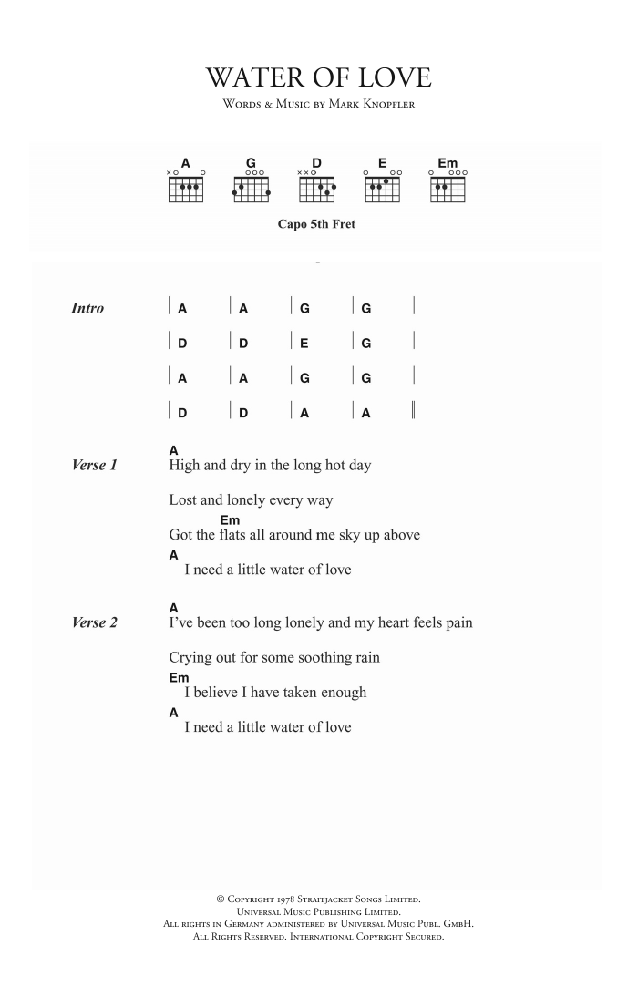 Dire Straits Water Of Love sheet music notes and chords. Download Printable PDF.