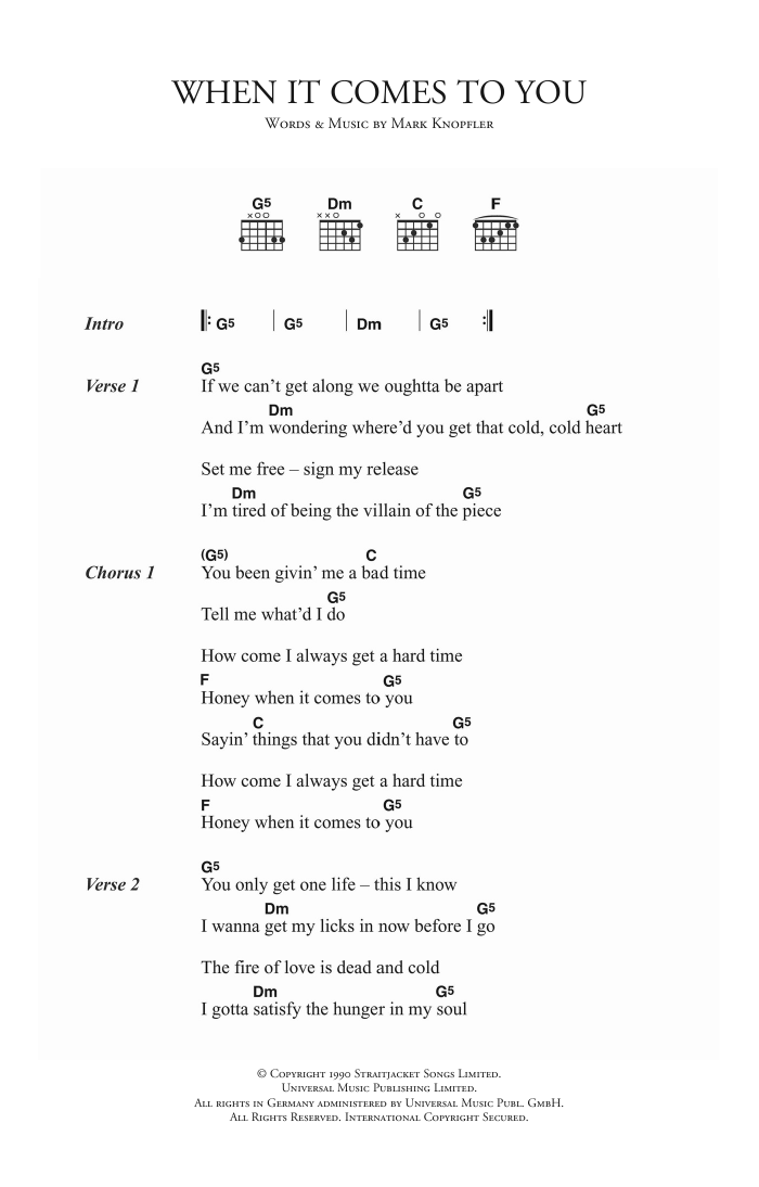 Dire Straits When It Comes To You sheet music notes and chords. Download Printable PDF.