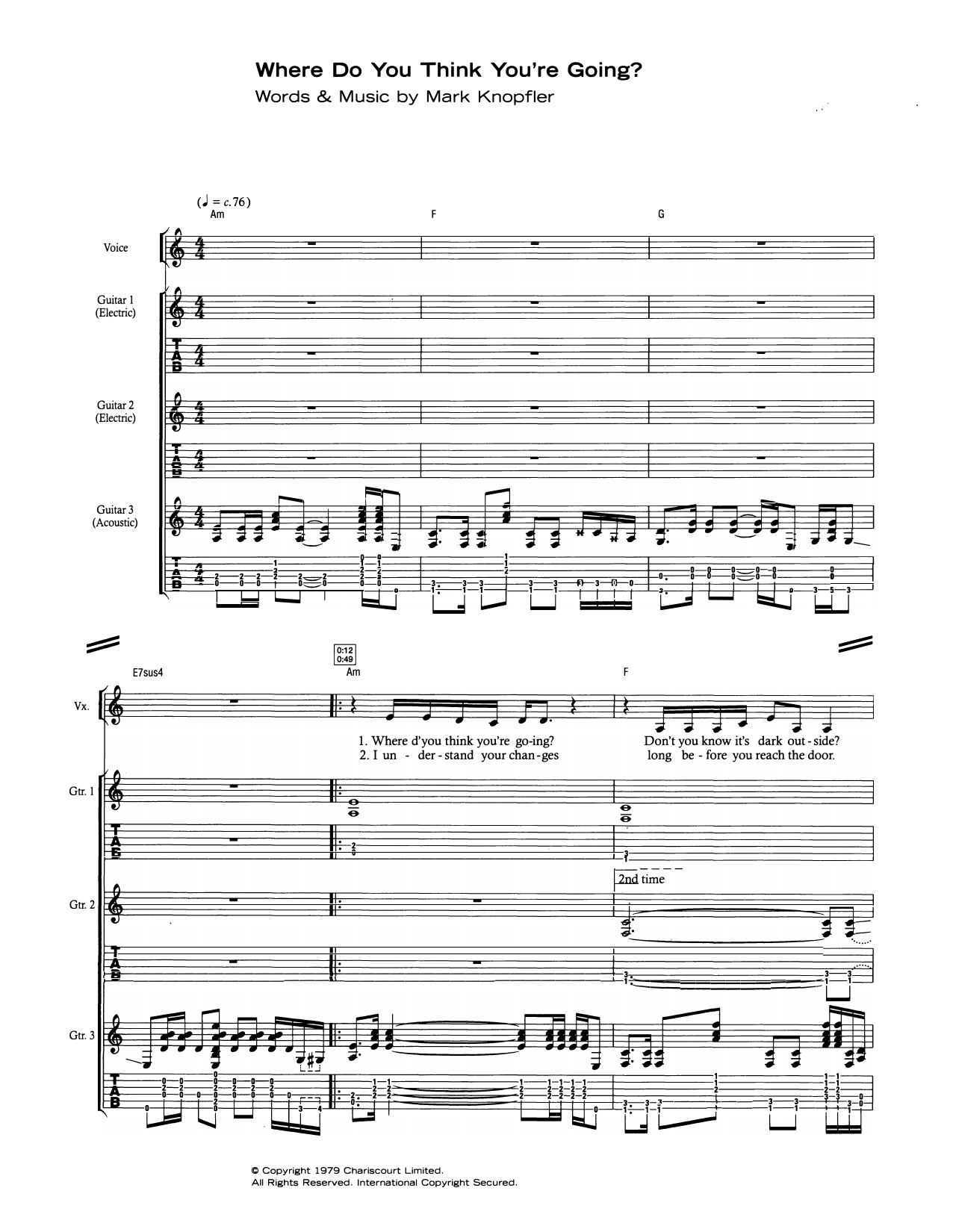 Learn to play Dire Straits Where Do You Think You're Going? sheet music for Guitar Tab in minutes. Price: 7.8900$ Dire Straits Where Do You Think You're Going? sheet music notes and chords arranged for Guitar Tab