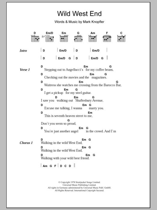 Dire Straits Wild West End sheet music notes and chords. Download Printable PDF.