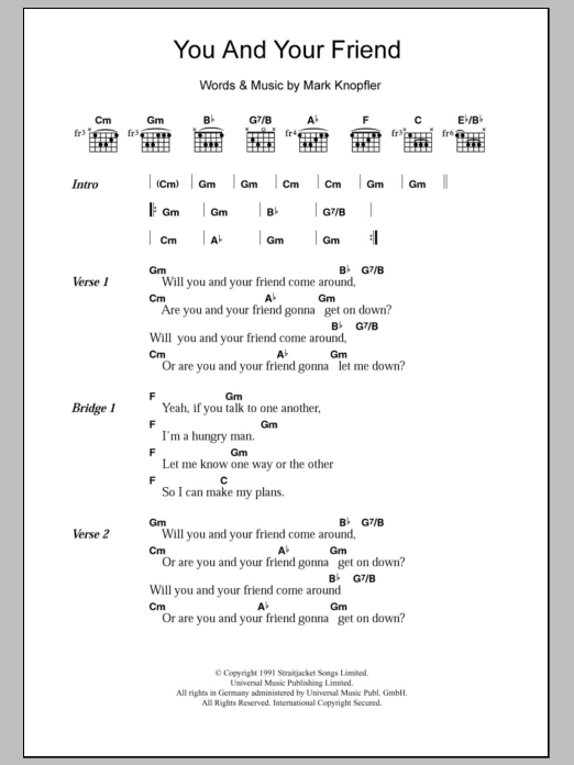 Dire Straits You And Your Friend sheet music notes and chords. Download Printable PDF.