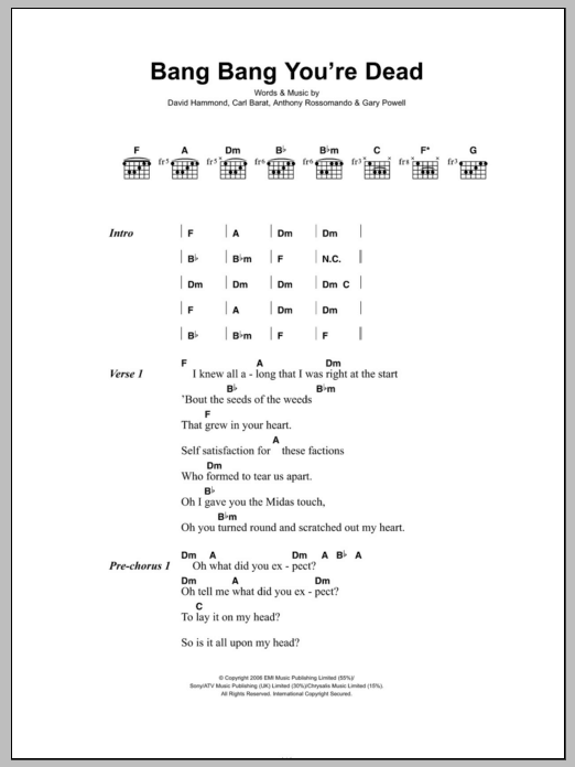 Dirty Pretty Things Bang Bang You're Dead sheet music notes and chords. Download Printable PDF.