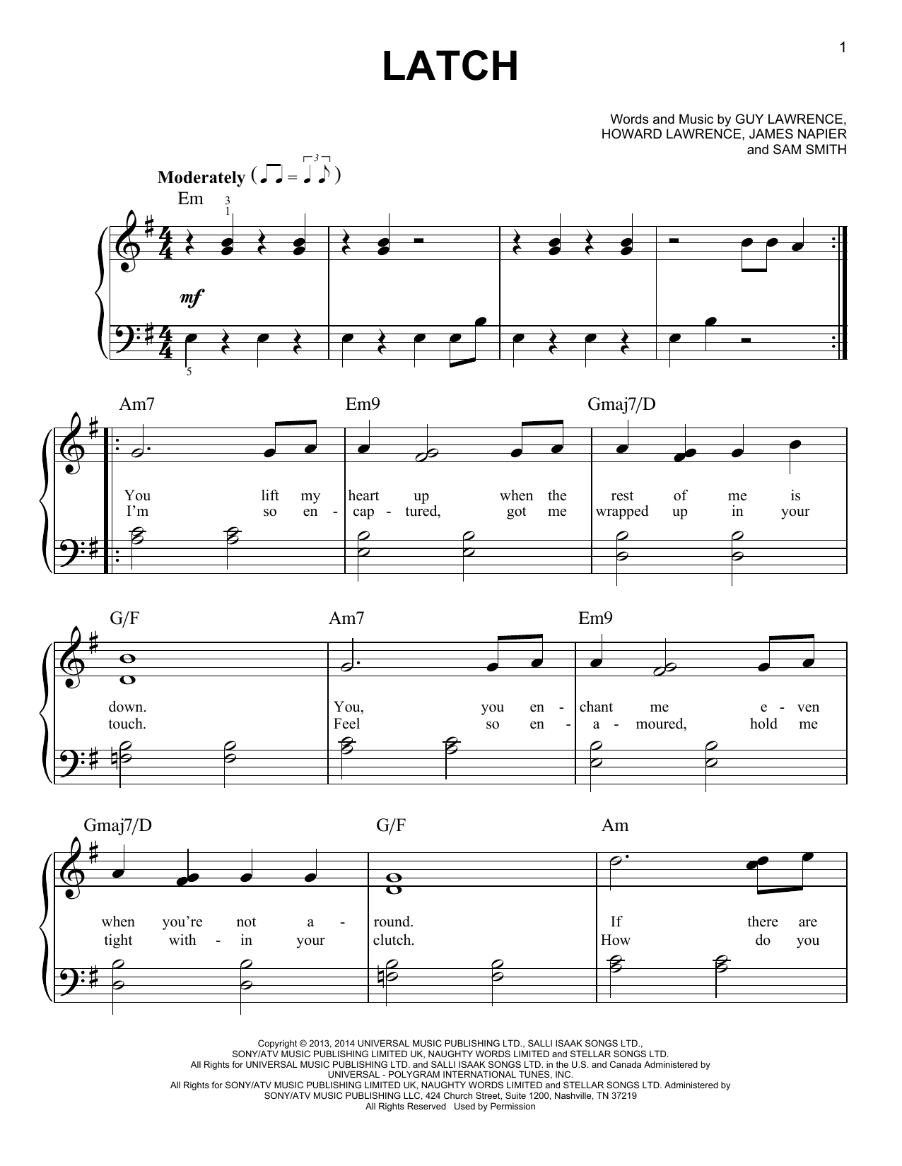 Disclosure featuring Sam Smith Latch sheet music notes and chords. Download Printable PDF.