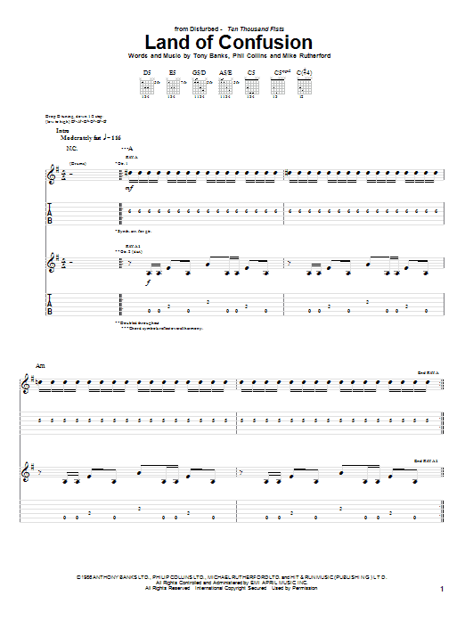 Learn to play Disturbed Land Of Confusion sheet music for Guitar Tab in minutes. Price: 7.8900$ Disturbed Land Of Confusion sheet music notes and chords arranged for Guitar Tab