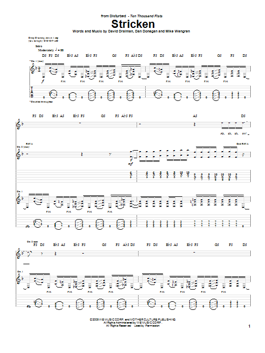 Learn to play Disturbed Stricken sheet music for Guitar Tab in minutes. Price: 7.8900$ Disturbed Stricken sheet music notes and chords arranged for Guitar Tab