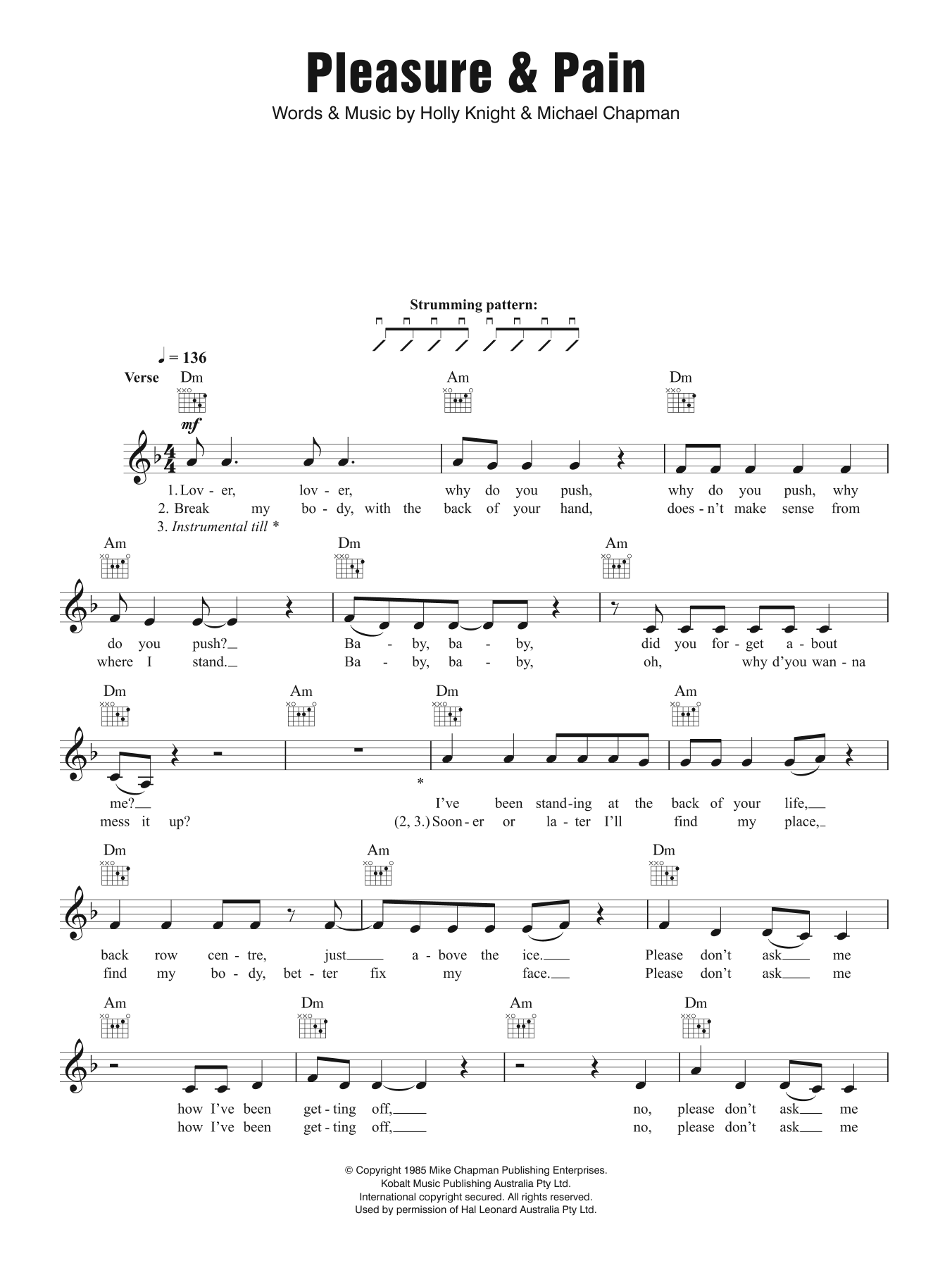 Divinyls Pleasure and Pain sheet music notes and chords. Download Printable PDF.