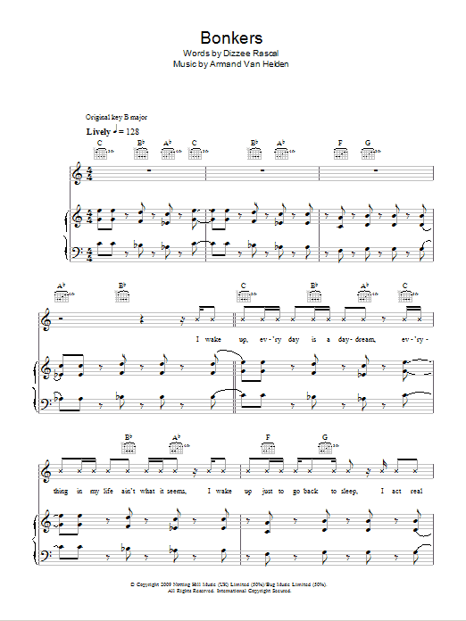 Dizzee Rascal Bonkers (feat. Calvin Harris & Chrome) sheet music notes and chords arranged for Piano, Vocal & Guitar Chords