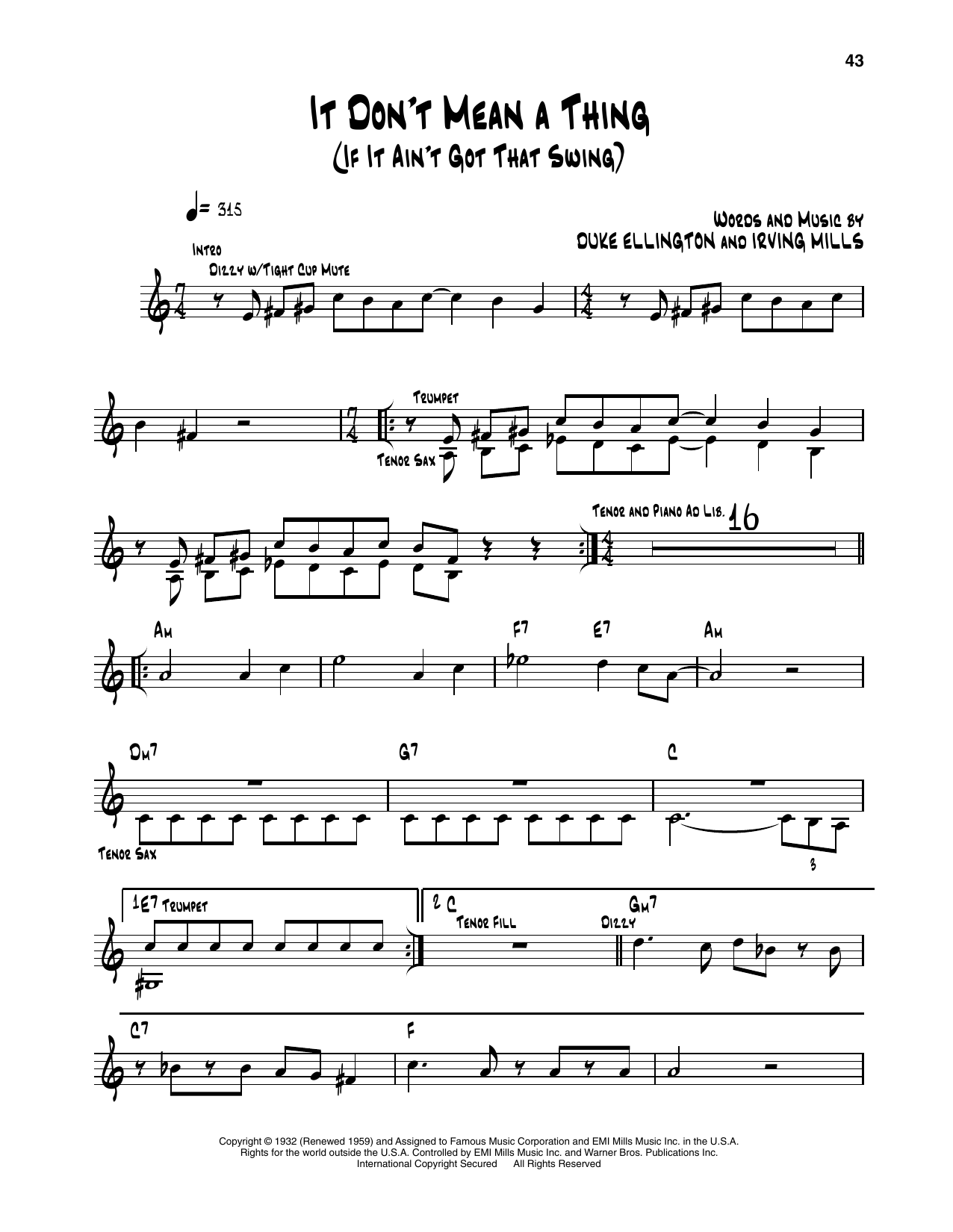 Learn to play Dizzy Gillespie It Don't Mean A Thing (If It Ain't Got That Swing) sheet music for Trumpet Transcription in minutes. Price: 5.9900$ Dizzy Gillespie It Don't Mean A Thing (If It Ain't Got That Swing) sheet music notes and chords arranged for Trumpet Transcription