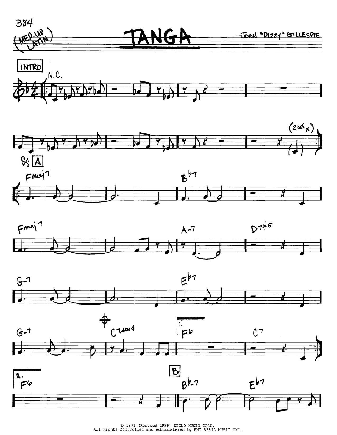 Dizzy Gillespie Tanga sheet music notes and chords. Download Printable PDF.