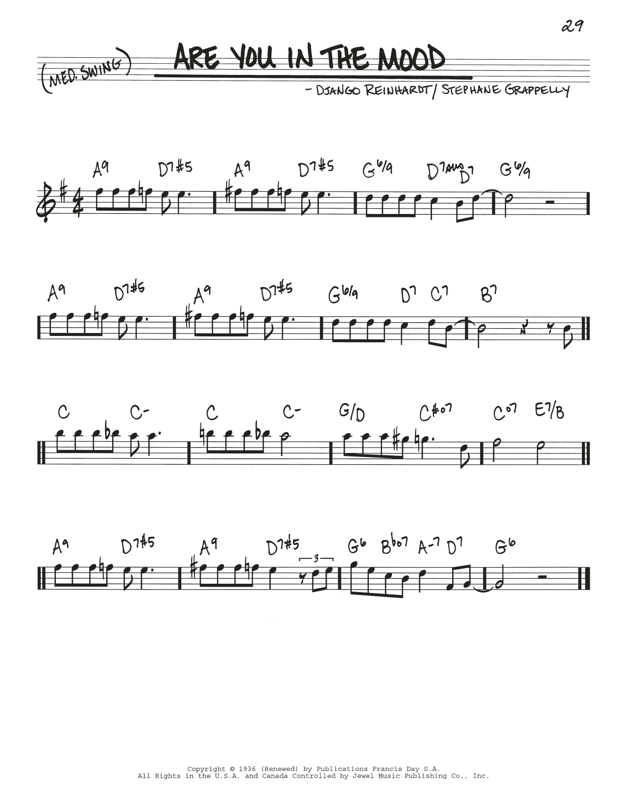 Learn to play Django Reinhardt Are You In The Mood sheet music for Real Book – Melody & Chords in minutes. Price: 5.9900$ Django Reinhardt Are You In The Mood sheet music notes and chords arranged for Real Book – Melody & Chords