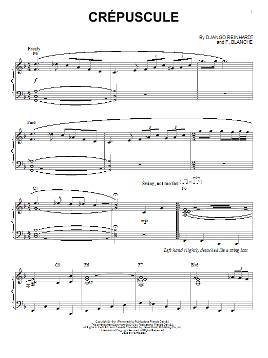 Learn to play Django Reinhardt Crepuscule (arr. Brent Edstrom) sheet music for Piano Solo in minutes. Price: 7.8900$ Django Reinhardt Crepuscule (arr. Brent Edstrom) sheet music notes and chords arranged for Piano Solo