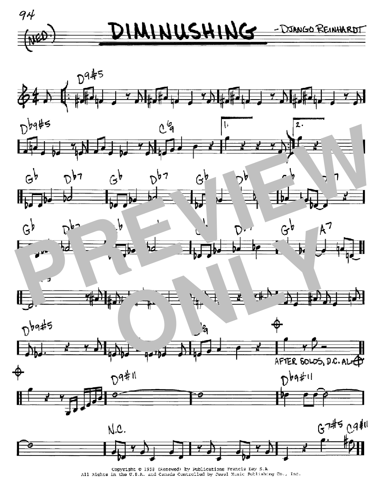 Learn to play Django Reinhardt Diminushing sheet music for Real Book – Melody & Chords – C Instruments in minutes. Price: 5.9900$ Django Reinhardt Diminushing sheet music notes and chords arranged for Real Book – Melody & Chords – C Instruments