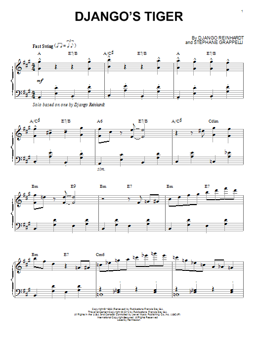 Learn to play Django Reinhardt Django's Tiger (arr. Brent Edstrom) sheet music for Piano Solo in minutes. Price: 7.8900$ Django Reinhardt Django's Tiger (arr. Brent Edstrom) sheet music notes and chords arranged for Piano Solo