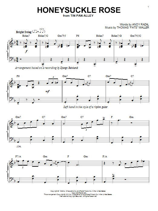 Django Reinhardt Honeysuckle Rose (arr. Brent Edstrom) sheet music notes and chords. Download Printable PDF.