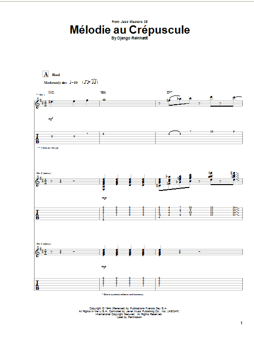 Learn to play Django Reinhardt Melodie Au Crepuscule sheet music for Guitar Tab in minutes. Price: 7.8900$ Django Reinhardt Melodie Au Crepuscule sheet music notes and chords arranged for Guitar Tab