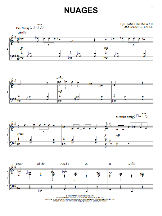 Learn to play Django Reinhardt Nuages (arr. Brent Edstrom) sheet music for Piano Solo in minutes. Price: 7.8900$ Django Reinhardt Nuages (arr. Brent Edstrom) sheet music notes and chords arranged for Piano Solo