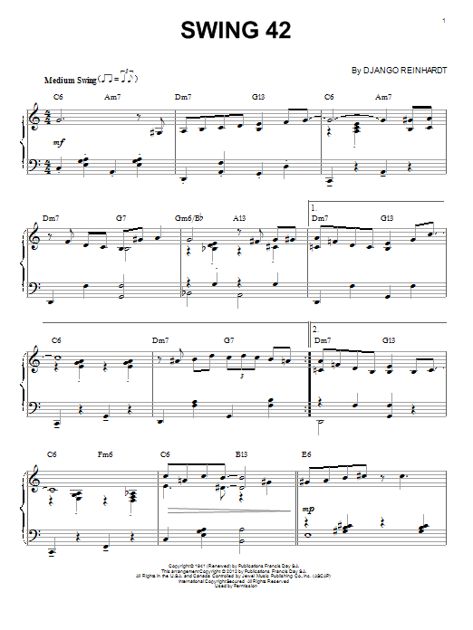 Django Reinhardt Swing 42 (arr. Brent Edstrom) sheet music notes and chords. Download Printable PDF.