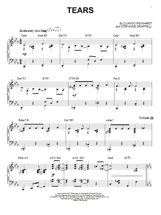 Django Reinhardt Tears (arr. Brent Edstrom) sheet music notes and chords arranged for Piano Solo