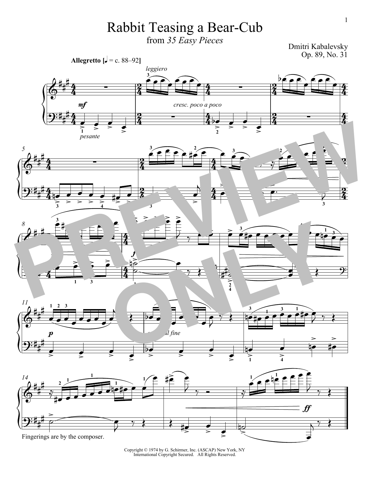 Learn to play Dmitri Kabalevsky Rabbit Teasing A Bear-Cub, Op. 89, No. 31 sheet music for Piano Solo in minutes. Price: 7.8900$ Dmitri Kabalevsky Rabbit Teasing A Bear-Cub, Op. 89, No. 31 sheet music notes and chords arranged for Piano Solo