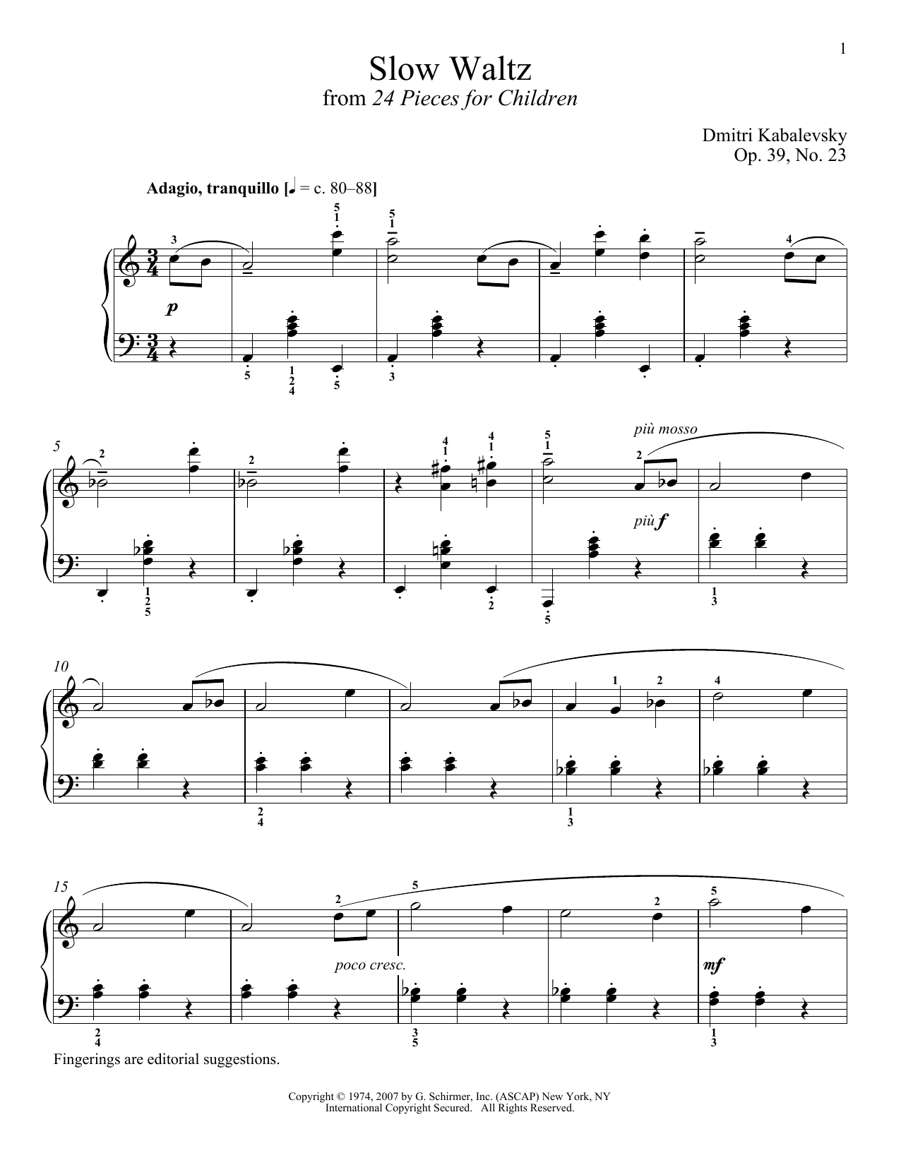 Dmitry Kabalevsky Slow Waltz sheet music notes and chords arranged for Piano Solo