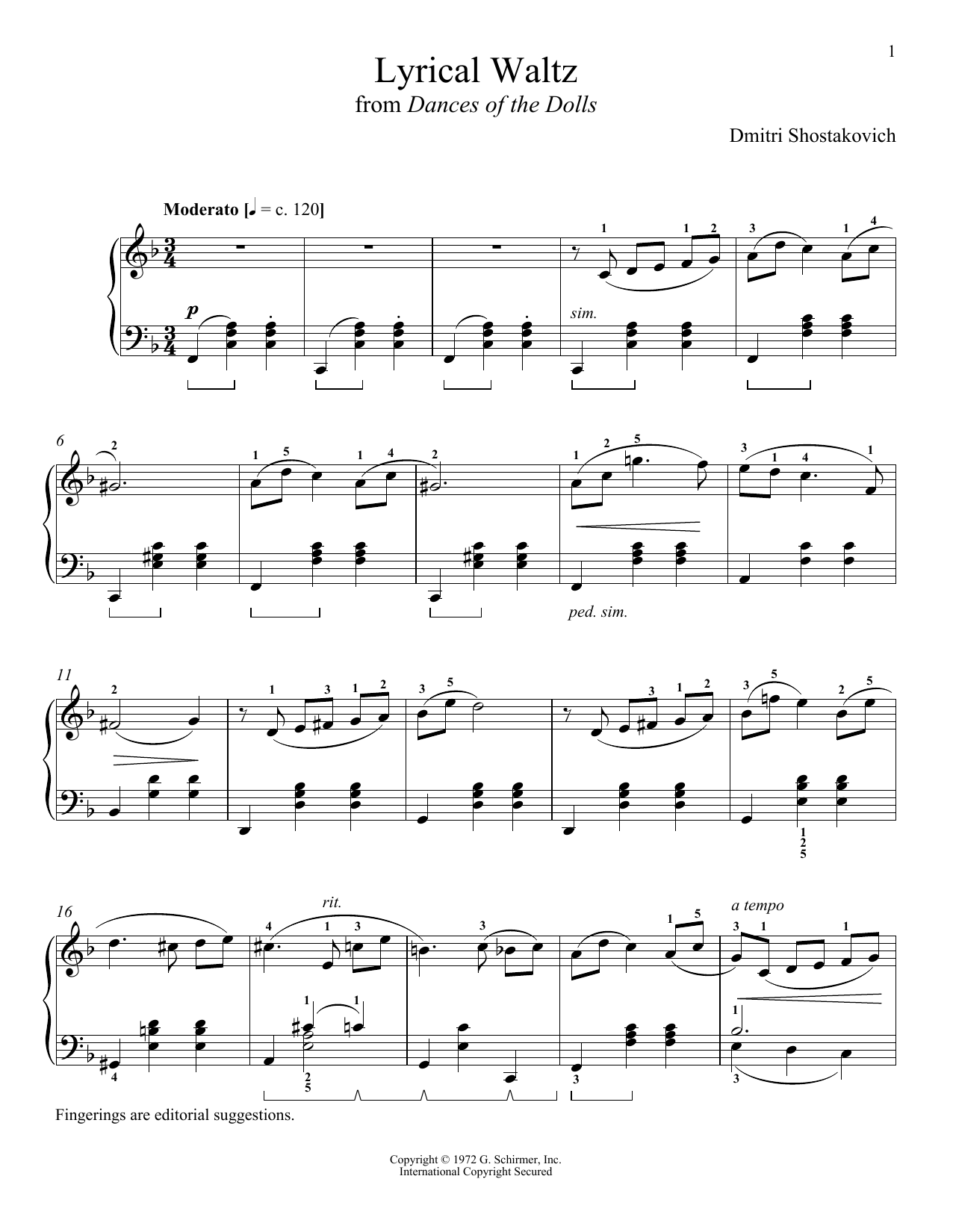 Dmitri Shostakovich Lyrical Waltz sheet music notes and chords. Download Printable PDF.