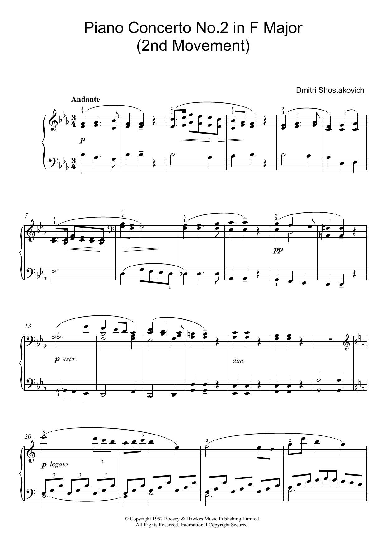 Dmitri Shostakovich Piano Concerto No. 2 in F Major (2nd Movement) sheet music notes and chords. Download Printable PDF.