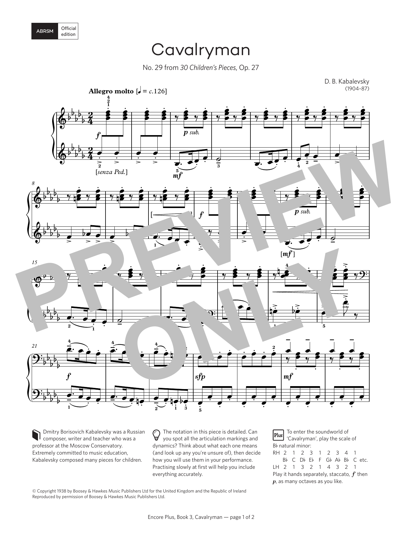 Dmitry Borisovich Kabalevsky Cavalryman: No. 29 from 30 Children's Pieces, Op. 27 (Encore Plus, Book 3) sheet music notes and chords arranged for Piano Solo