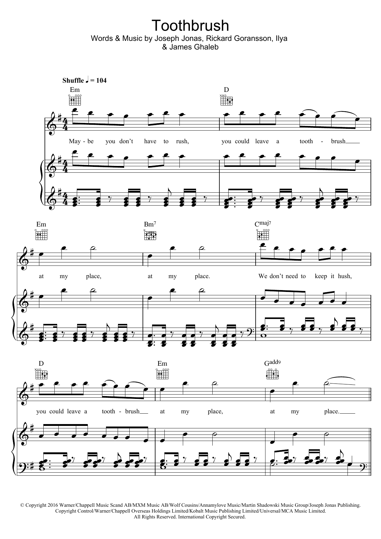 Learn to play DNCE Toothbrush sheet music for Piano, Vocal & Guitar Chords in minutes. Price: 7.8900$ DNCE Toothbrush sheet music notes and chords arranged for Piano, Vocal & Guitar Chords
