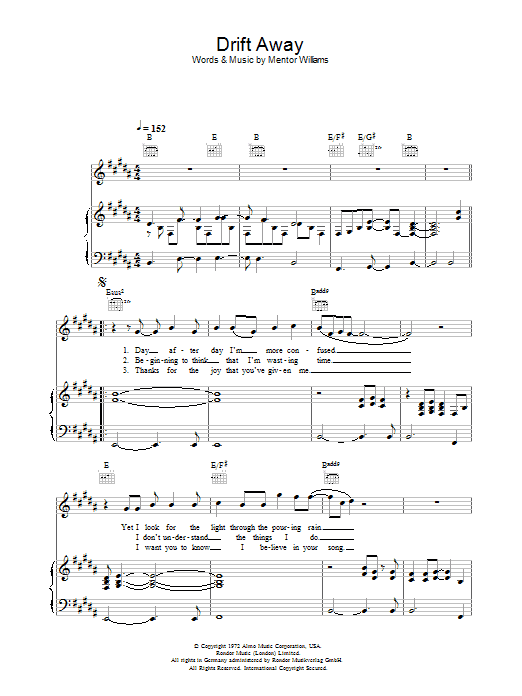 Dobie Gray Drift Away sheet music notes and chords. Download Printable PDF.