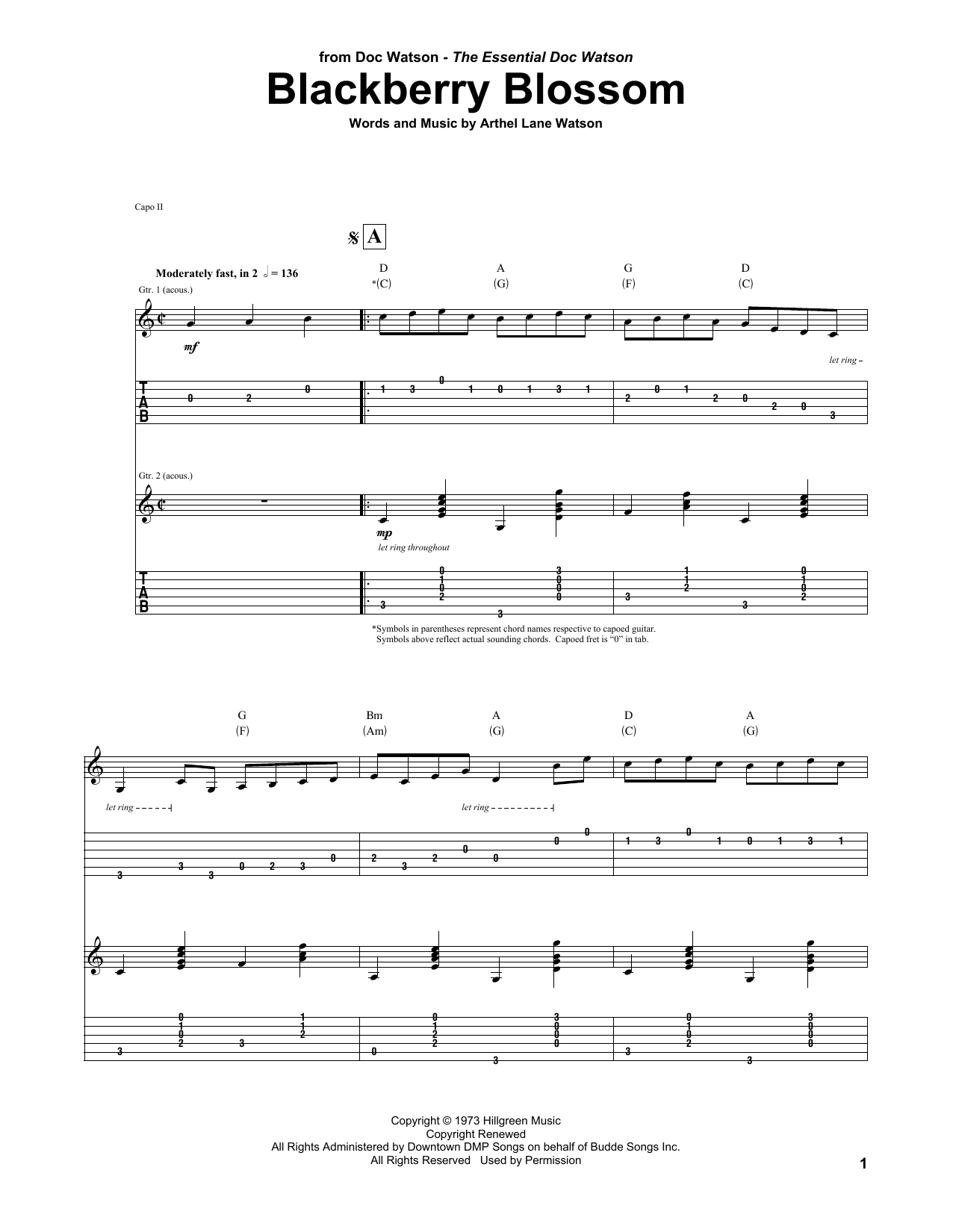 Learn to play Doc Watson Blackberry Blossom sheet music for Guitar Tab in minutes. Price: 7.8900$ Doc Watson Blackberry Blossom sheet music notes and chords arranged for Guitar Tab