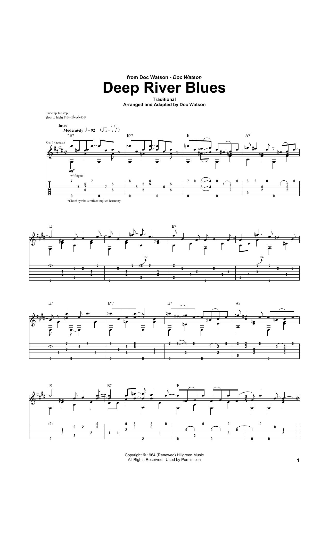 Doc Watson Deep River Blues sheet music notes and chords. Download Printable PDF.