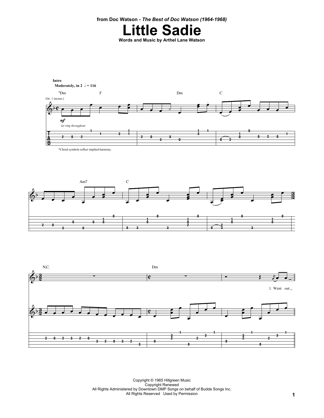 Doc Watson Little Sadie sheet music notes and chords arranged for Guitar Tab