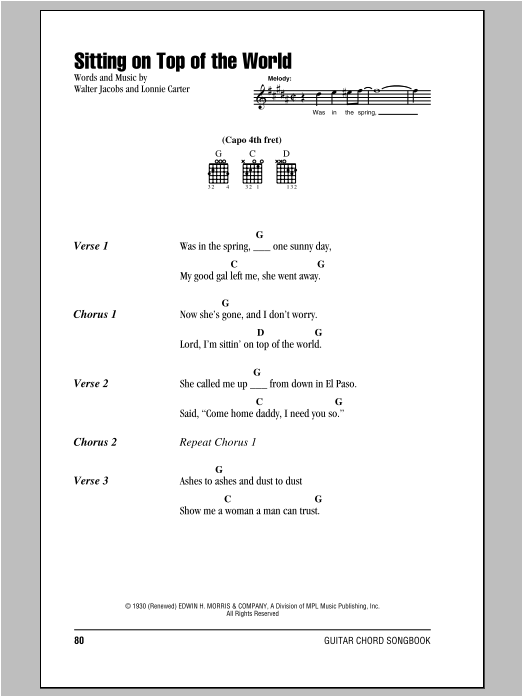 Doc Watson Sitting On Top Of The World sheet music notes and chords. Download Printable PDF.