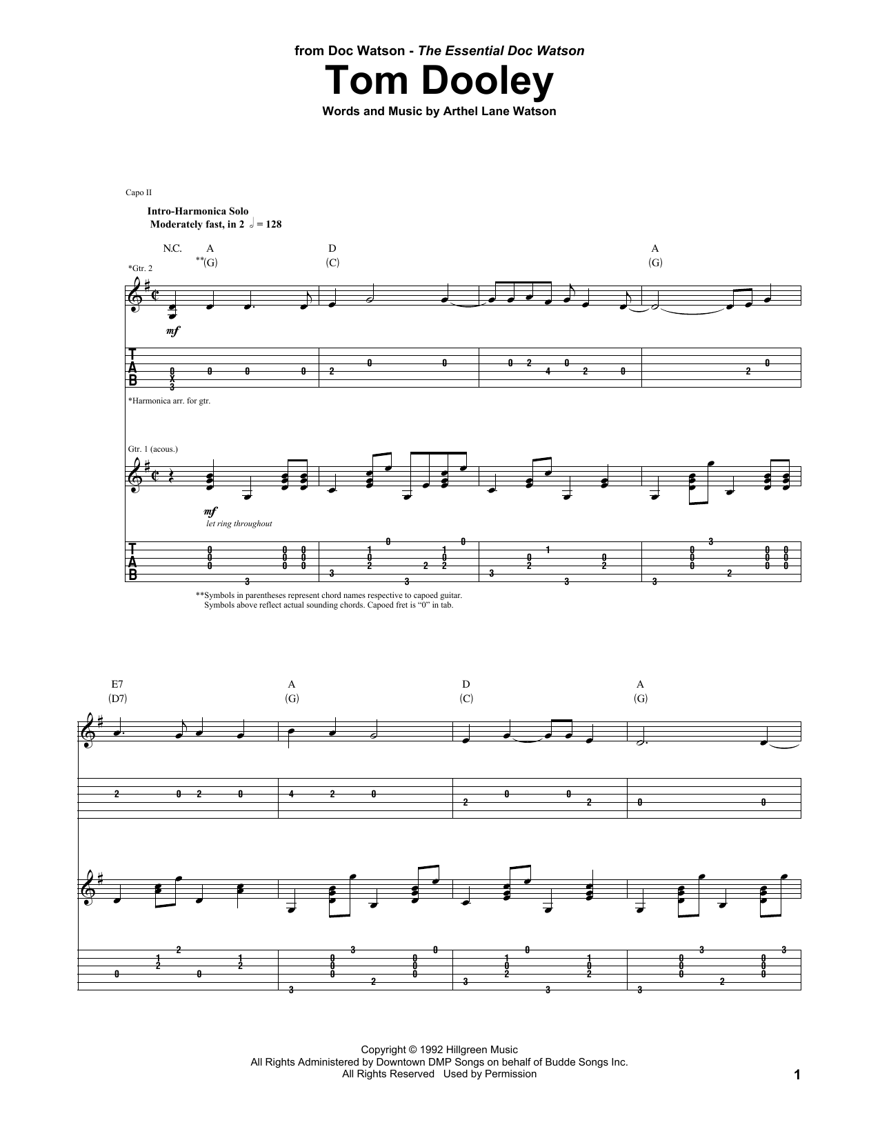 Doc Watson Tom Dooley sheet music notes and chords. Download Printable PDF.