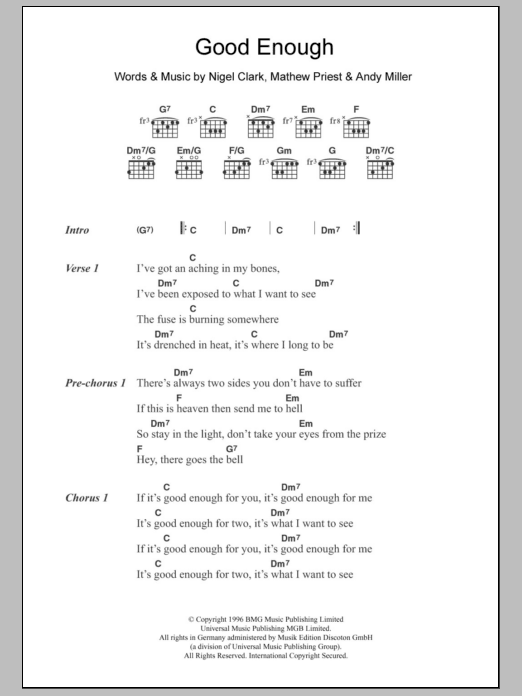 Dodgy Good Enough sheet music notes and chords arranged for Piano, Vocal & Guitar Chords