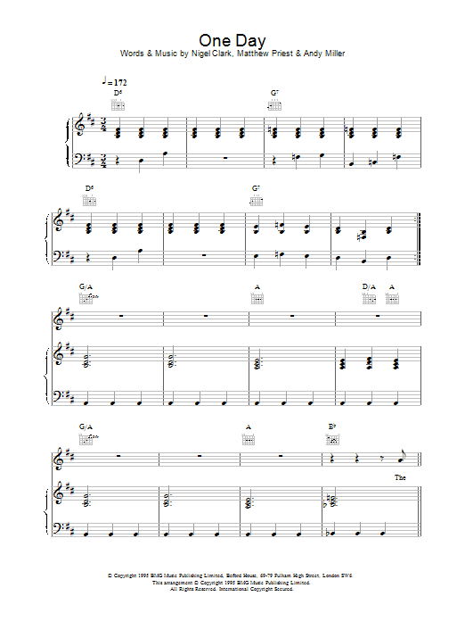 Dodgy One Day sheet music notes and chords arranged for Piano, Vocal & Guitar Chords