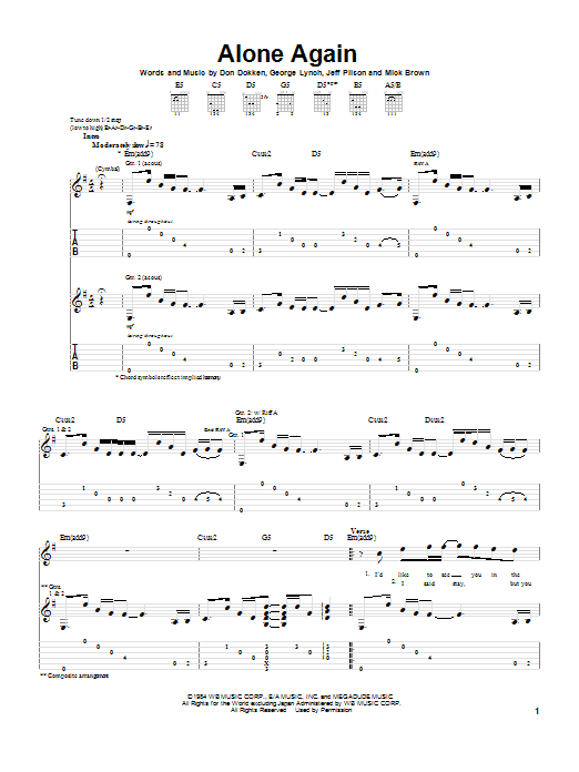 Dokken Alone Again sheet music notes and chords. Download Printable PDF.