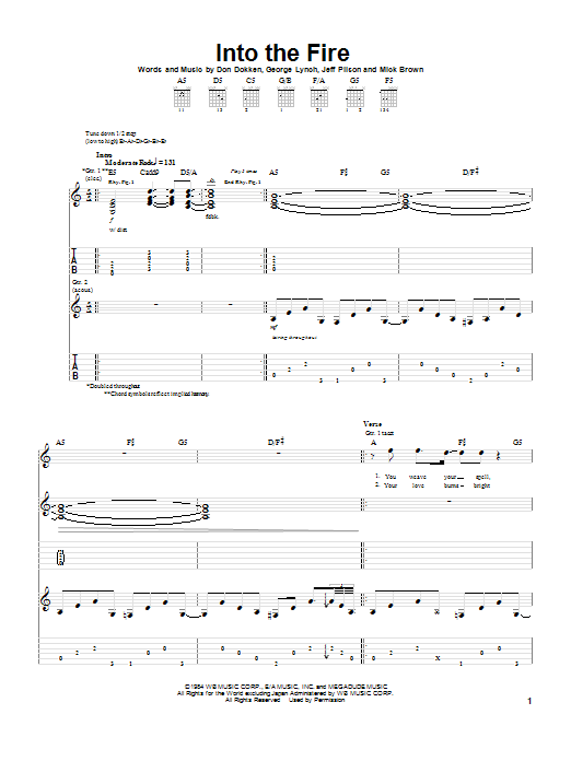 Learn to play Dokken Into The Fire sheet music for Guitar Tab in minutes. Price: 7.8900$ Dokken Into The Fire sheet music notes and chords arranged for Guitar Tab