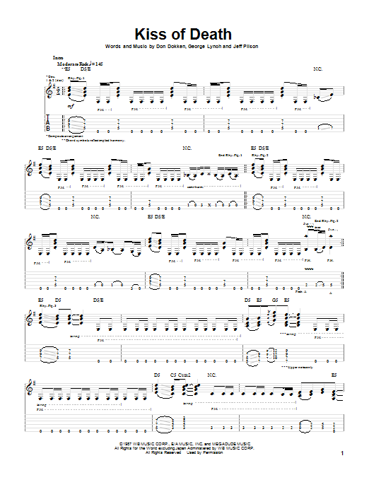 Learn to play Dokken Kiss Of Death sheet music for Guitar Tab in minutes. Price: 7.8900$ Dokken Kiss Of Death sheet music notes and chords arranged for Guitar Tab
