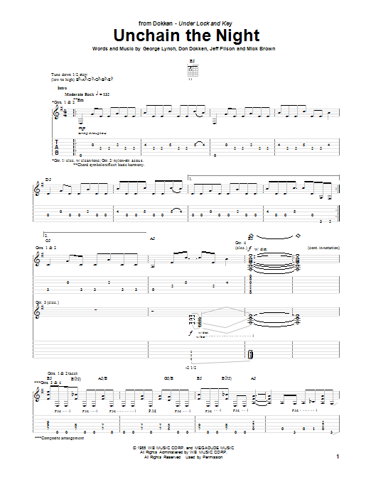 Learn to play Dokken Unchain The Night sheet music for Guitar Tab in minutes. Price: 7.8900$ Dokken Unchain The Night sheet music notes and chords arranged for Guitar Tab