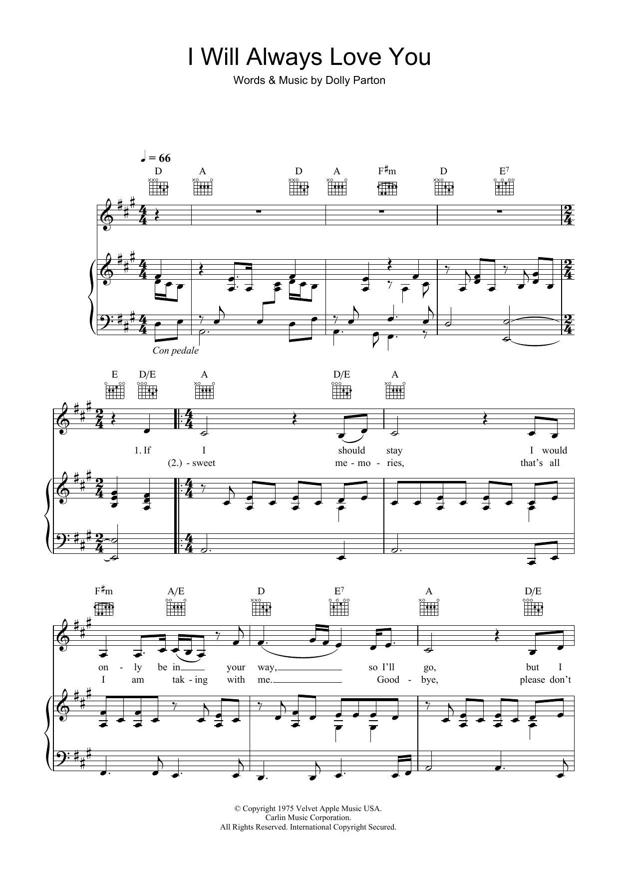 Dolly Parton I Will Always Love You sheet music notes and chords. Download Printable PDF.