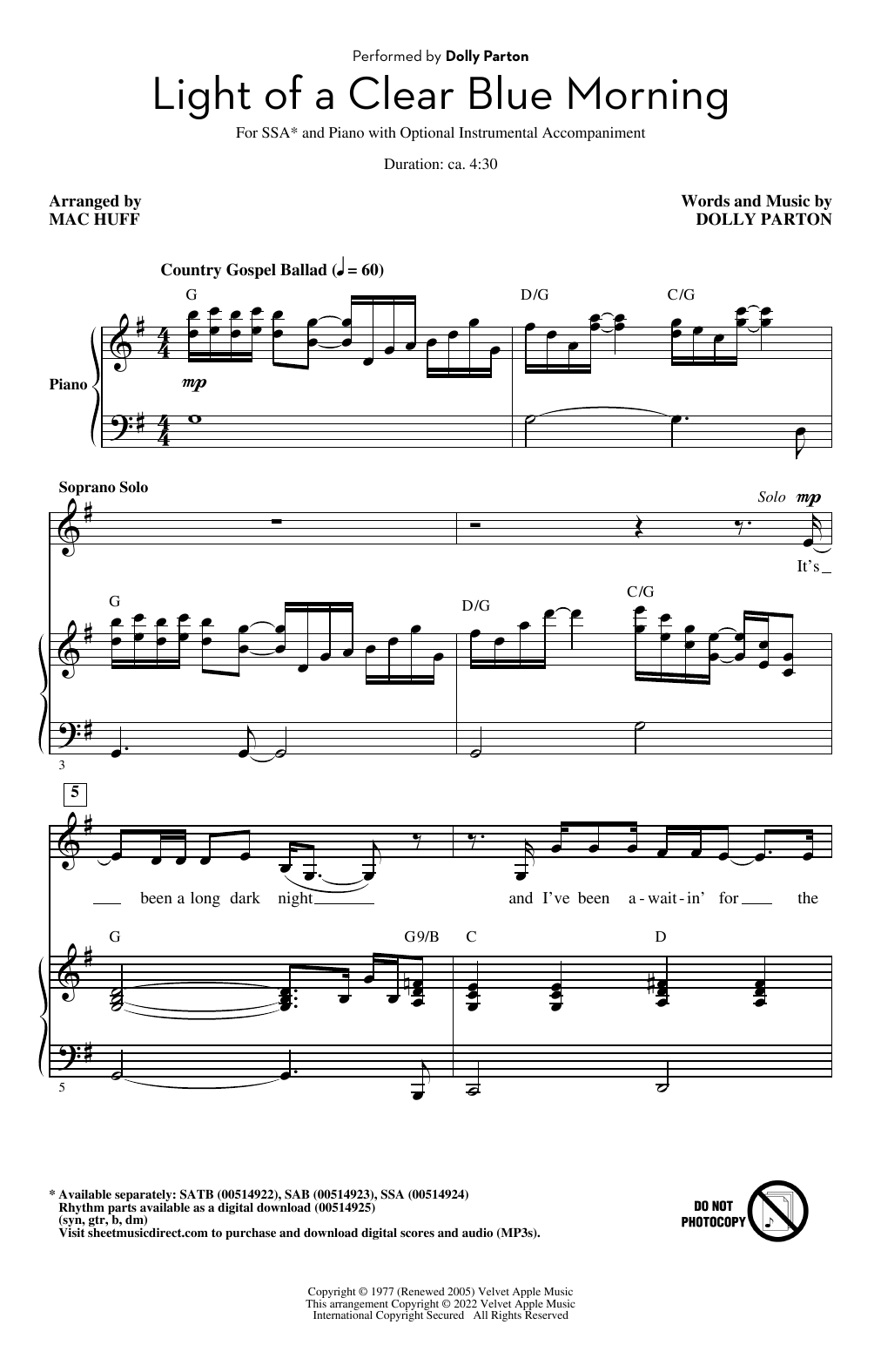 Dolly Parton Light Of A Clear Blue Morning (arr. Mac Huff) sheet music notes and chords arranged for SSA Choir