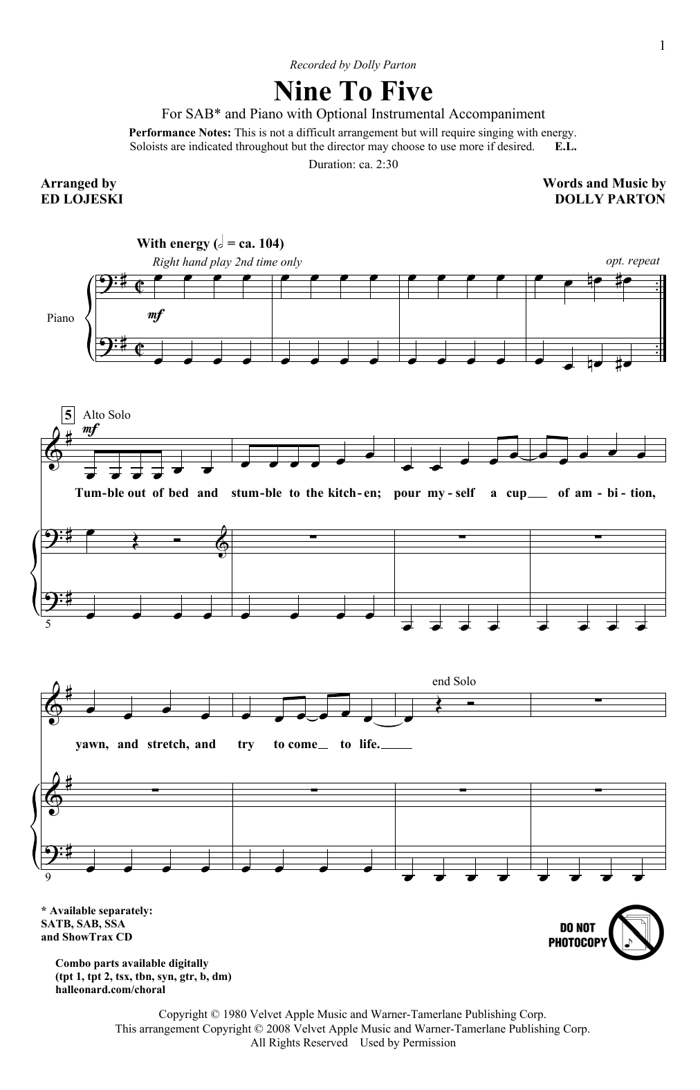 Dolly Parton Nine To Five (arr. Ed Lojeski) sheet music notes and chords. Download Printable PDF.