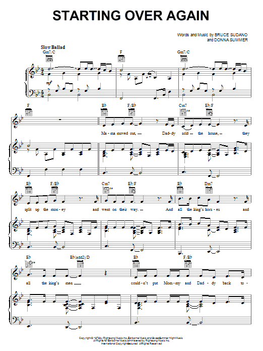Learn to play Donna Summer Starting Over Again sheet music for Piano, Vocal & Guitar Chords (Right-Hand Melody) in minutes. Price: 7.8900$ Donna Summer Starting Over Again sheet music notes and chords arranged for Piano, Vocal & Guitar Chords (Right-Hand Melody)